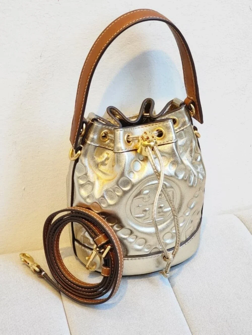 Tory Burch Mini T Monogram Metallic Bucket Bag